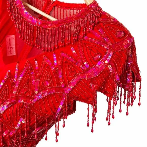 VTG 100% Silk 80s Fringed Beadwork Flapper Dress S - Picture 7 of 15